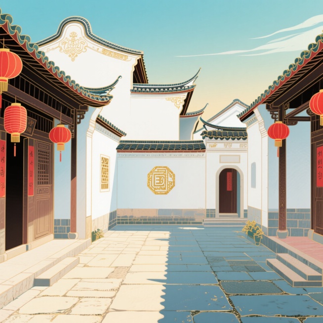 闽都古厝，传统中式建筑，飞檐翘角，白墙黛瓦，青石板路，红灯笼点缀，古色古香的庭院，阳光洒在建筑上，细节精致，具有历史感和文化底蕴预览效果