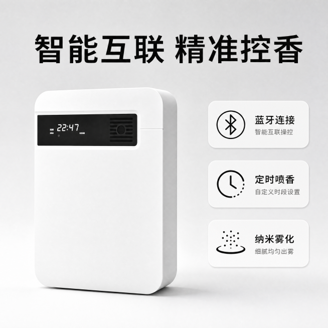 [主图-2] 智能香薰机核心功能卖点展示
[氛围风格] 简约科技风，高级整洁，突出产品功能
[画质] 商业摄影质感、光线通透、产品清晰真实、画面干净高级
[元素] 保持原白色智能香薰机产品外观结构、颜预览效果