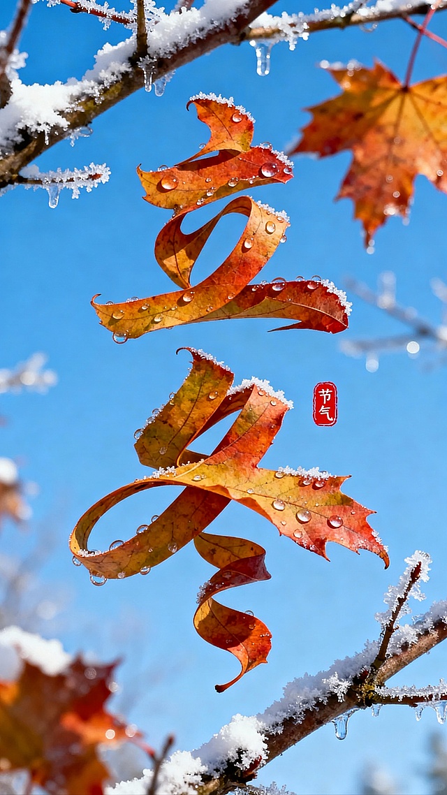 枫叶叶片拉长扭曲变形成”立冬” 二字，叶片上有晶莹的露珠点缀。背景是一片晴朗的蓝天，画面中穿插着带有冰霜和薄雪的树枝，营造出冬日温暖的氛围。“立冬” 文字位于图像的中上部，红色小印章”节气“点缀，整体画面色彩明亮，富有创意，突出立冬节气的主题