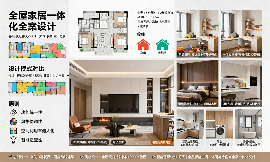 现代极简风格家居设计展报，横版，家居氛围感，主色调暖白+木色+浅灰，采用5列×3行网格布局，左上标题区写大标题"全屋家居一体化全案设计"，副标题"嘉兴·长虹春天9-301 | 大气·收纳·四口之家"，预览效果