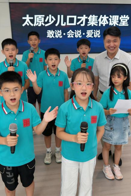 生成太原少儿口才集体课堂练习图，全景视角，孩子们积极开口练习，氛围积极向上，光线均匀，色彩统一，写实自然，弱化杂乱元素，4K超清，适配抖音图文引流预览效果