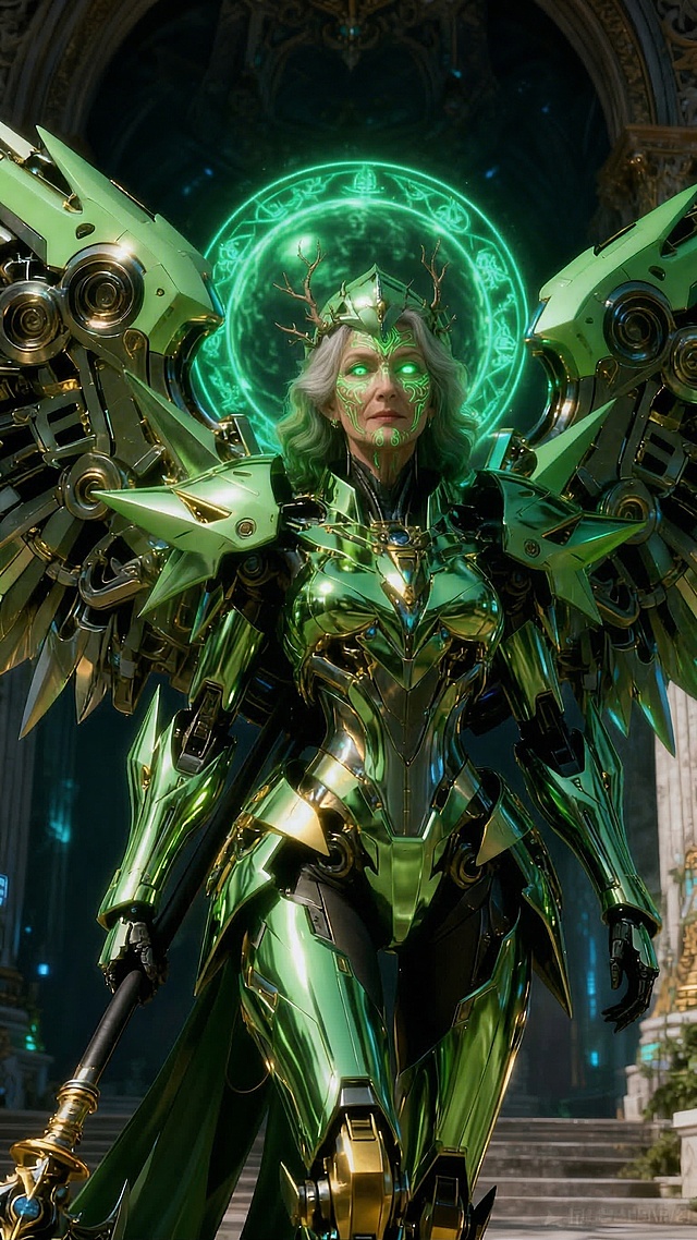 眼睛发出绿色的神秘光，面部有着绿色的图腾，铠甲个更加有光泽金属感，人物直视镜头