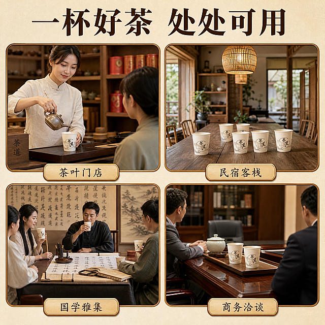 [主图-4] 多场景宫格图 商用办公多场景适配
[统一基调] 新中式雅致风格 暖木色主调 深棕标题字 米白辅助字 朱红强调色 宋体粗标题 楷体辅助文 圆角木框信息卡 留白透气 抖音1:1主图
[画面] 画面分为四个等大宫格 2x2布局 每格展示一个不同使用场景 纸杯外观均与输入图完全一致 米白底水墨山水纹 茶道书法字样 左上格 茶叶门店场景 木质茶柜背景 店员用一次性纸杯给顾客倒茶 右上格 新中式民宿公共茶区 竹编吊灯 原木长桌 多个纸杯摆放供客人使用 左下格 国学馆茶会场景 宣纸书法背景 多人围坐 纸杯盛茶 右下格 中式老板办公室 大班台旁的茶海 客户洽谈用一次性纸杯泡茶 四个场景都突出纸杯 人物适度虚化 每个场景下方有短标签
[光影质感] 每个宫格各自场景光影自然 整体亮度统一 商业摄影质感 纸杯在各场景中清晰可辨
[配色] 统一暖木色调 各场景有细微色彩差异但整体协调 深棕标签文字
[文字版式] 顶部通栏大标题"一杯好茶 处处可用" 深棕粗宋体 每个宫格下方配短标签"茶叶门店""民宿客栈""国学雅集""商务洽谈" 楷体深棕色 圆角木框底
[输出要求] 1:1比例 2K高清 所有纸杯外观与输入图完全一致 宫格分割清晰 文字清晰可读 无变形错字 无水印无平台Logo