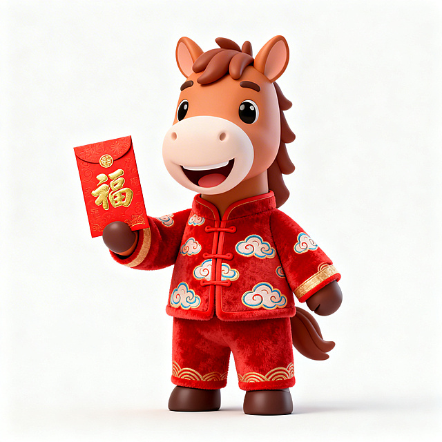 软3D风格的拟人小马，身着红色绒面唐装，手持“福”字红包，卡通可爱，充满喜庆年味。