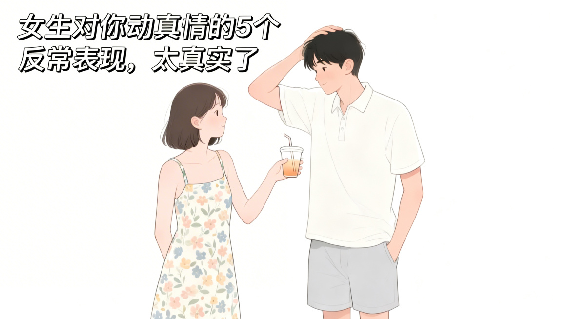 在图片左上角空白位置添加清晰文字："女生对你动真情的5个反常表现，太真实了"，保留原有插画内容和风格不变，原图是一对年轻情侣的浅色背景插画，女生穿碎花吊带裙手持饮料，男生穿白polo衫预览效果