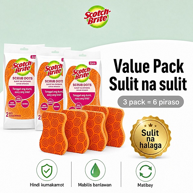 [SKU图-2] Scotch-Brite Scrub Dots 海绵百洁布 SKU规格图——3包共6片装，沿用参考图整体版式风格，菲律宾Shopee平台，菲律宾语文案。
[统一基调] 参考图风格：上半部分薄荷浅绿渐变背景，下半部分大面积白色弧形曲面，顶部中央Scotch-Brite红绿品牌Logo，右下角金色锯齿边圆形价值徽章，底部3个绿色线框圆形图标卖点，整体明亮洁净、东南亚电商风格。产品为橙色带红色圆点凸点的波浪形海绵百洁布，白色包装袋带玫红色标签区。
[画面] 左侧展示3包Scotch-Brite Scrub Dots海绵百洁布包装袋，前后错落排列，每包标注"2 pcs"；包装袋前方摆放4-5片取出的橙色圆点海绵，呈前后错落阵列，突出量多超值，产品占画面约55%。右侧上半部分为大标题区，中部灰色圆角条显示规格数量，右下角金色圆形徽章。底部3个等距排列的绿色圆形图标卖点。整体构图与参考图一致，仅数量和文案改为3包6片。
[光影质感] 商业产品摄影质感，主光左上方，海绵多孔材质真实，包装塑料膜有轻微反光，产品有自然接触阴影，整体明亮通透洁净。
[配色] 背景上薄荷浅绿下白色弧形，标题黑色粗体，规格条灰底白字，金色徽章，图标绿色，产品橙色。
[文字版式] 全部菲律宾语文案，无中文无泰文。顶部中央Scotch-Brite Logo。右侧大标题粗体"Value Pack  Sulit na sulit"。下方灰色圆角条"3 pack = 6 piraso"。金色徽章内文字"Sulit na halaga"。底部3个图标+文字从左到右：盾牌对勾图标"Hindi kumakamot"、水滴图标"Mabilis banlawan"、循环箭头图标"Matibay"。
[输出要求] 1:1正方形，2048px，文字清晰可读，产品清晰不变形，无3M标识，无水印无平台Logo，无杂乱元素，风格与参考图高度一致。