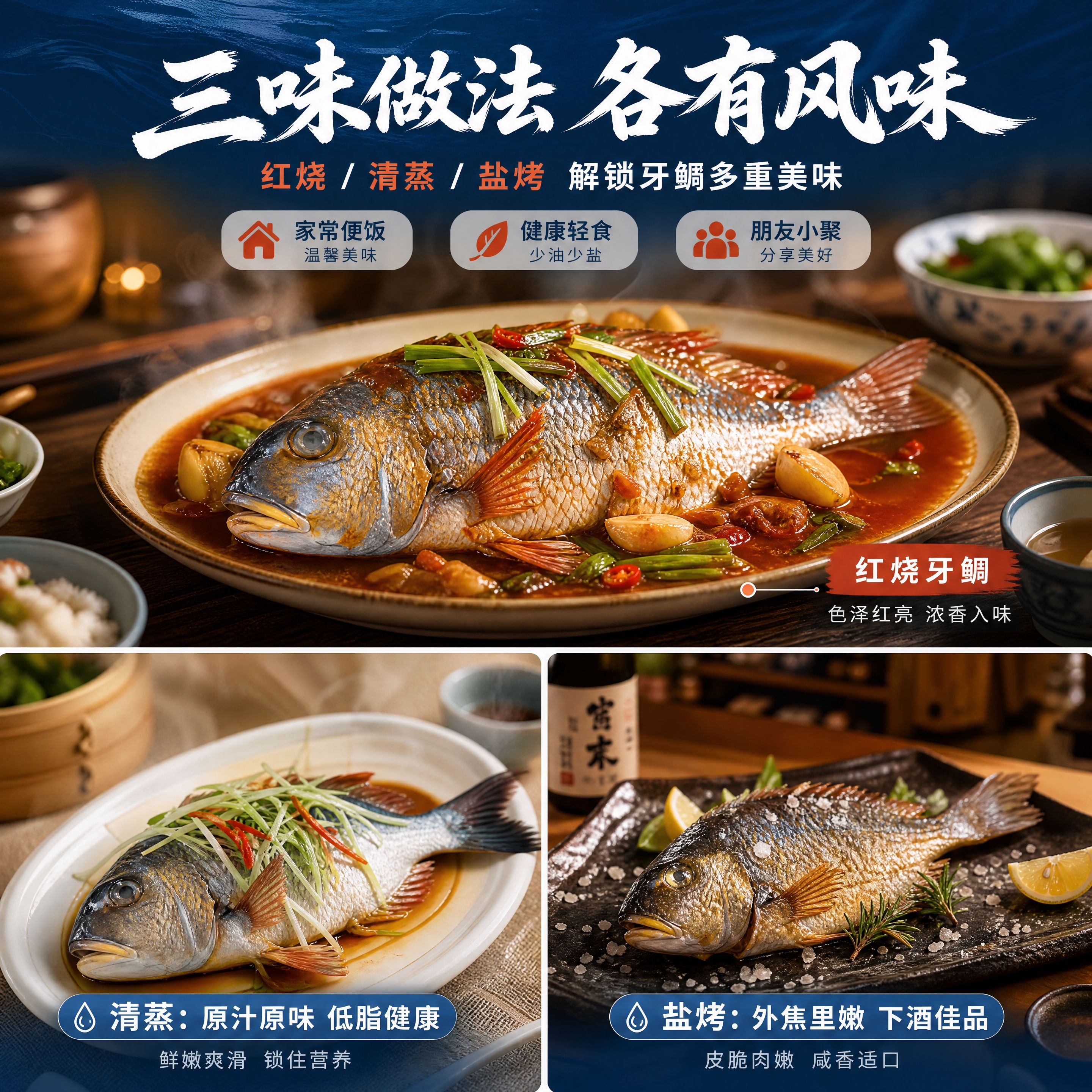 [商品] 使用【图1】牙鲷鱼产品图；保留鱼身形态与银蓝鳞片特征… - 图片创意预览