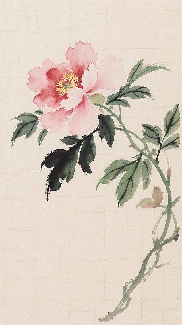 淡雅米色带有细微纹理的宣纸背景上，以清新水彩技法绘制的粉色和浅红色牡丹花，花朵形态饱满，花瓣边缘晕染自然，花蕊呈淡黄色点缀其间，墨绿色的枝叶线条流畅，叶片上有深浅不一的绿色渐变和自然的笔触留白，藤蔓蜿蜒向右下方延伸，整体构图疏密有致，色调柔和雅致，营造出宁静自然的东方水墨韵味，画面中无文字及其他装饰元素。
