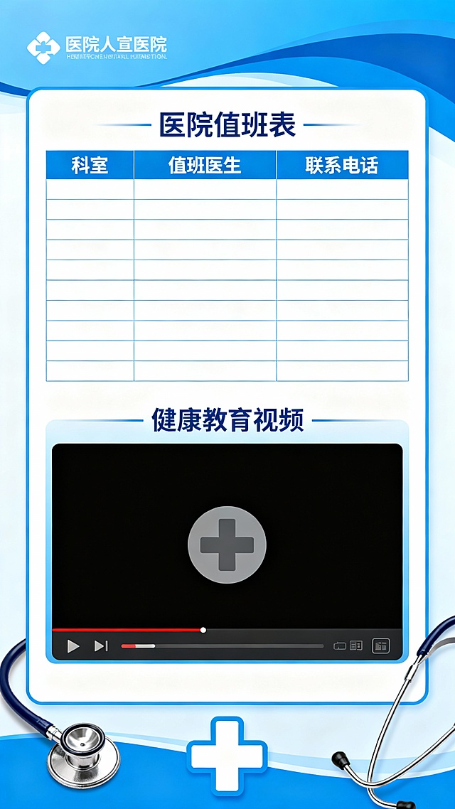 生成一个海报，上方是医院值班表，下方是健康教育视频，美观并且实用，值班表可更改