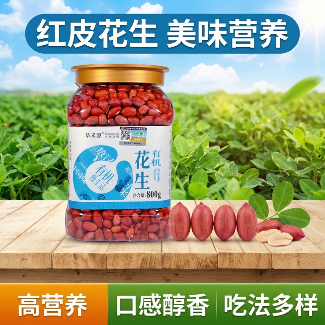 帮我生成6张电商主图,室外背景是花生种植田园,产品放在桌子上,桌子上摆放着拔出来的花生和枝叶,花生是四颗并排的红皮花生预览效果