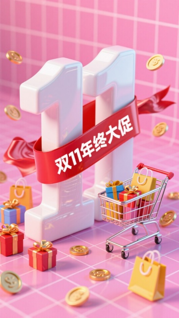 画面中有巨大的白色立体 “11” 数字，缠绕着印有 “双11年终大促” 的红色丝带。旁边是装满礼盒、购物袋的购物车，周围点缀金币、礼盒和购物袋等元素，粉色网格背景，促销氛围预览效果