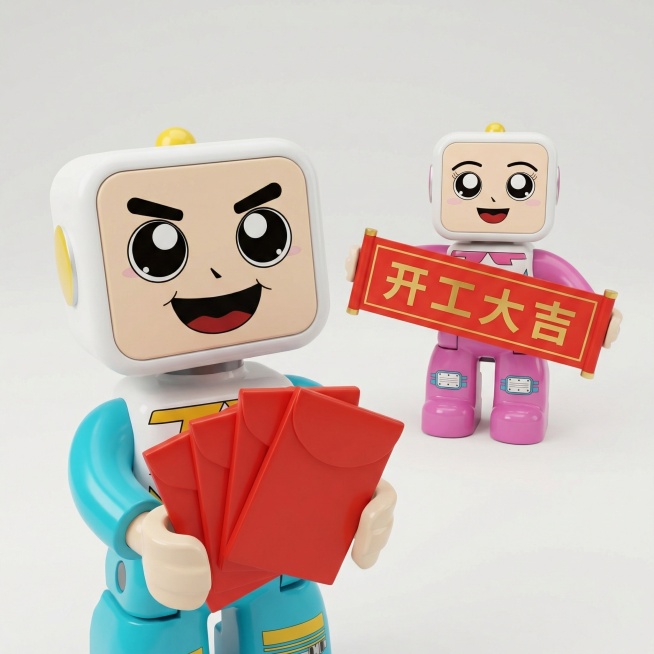 图一手里拿着几个红包，图二拿着开工大吉的字副一前一后，建模效果预览效果