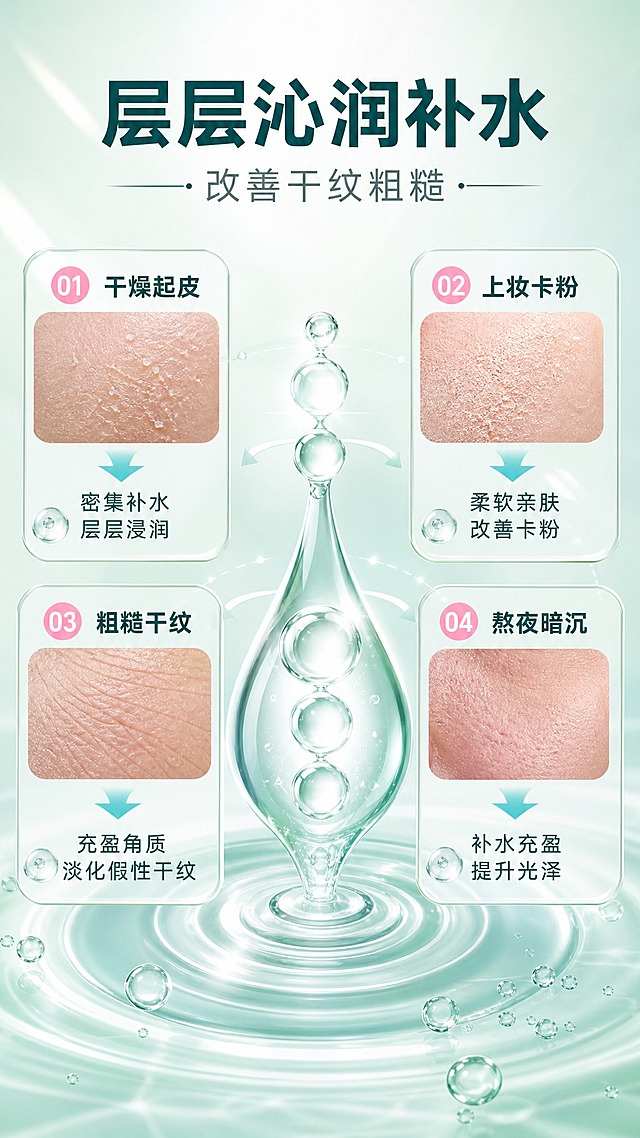 [商品] 本张为补水功效机理示意页，不放置产品实拍，延续薄荷绿与水润气泡的产品调性。
[画面] 详情页第5张补水功效页，目标为卖点“层层沁润补水，改善干纹粗糙”：浅薄荷绿水光渐变背景，中央水滴与波纹光效链路，四周四个“困扰→改善”链路卡片，每卡由肌肤微距、水润箭头与短句组成；补水浸润的透明层次感清晰，元素大而可读。
[视觉] 套系策略：风格=清爽水润高端护肤商业摄影；标题字=现代无衬线粗体；正文字=简洁无衬线体；主色=清爽薄荷绿；背景延展=浅薄荷绿到水光白渐变、细腻水波纹与气泡纹理、柔光材质延展；强调色=水润蓝与柔粉，仅用于小面积图标、引线、编号徽章和局部光效；标题色=深青绿；正文色=中深青灰；组件=半透明水润圆角信息卡、细线引线、气泡icon与编号徽章；光影=顶部柔光+水光高光。
[文字] 主标题“层层沁润补水”，副标题“改善干纹粗糙”；四个链路卡：①干燥起皮→“密集补水 层层浸润”②上妆卡粉→“柔软亲肤 改善卡粉”③粗糙干纹→“充盈角质 淡化假性干纹”④熬夜暗沉→“补水充盈 提升光泽”。所有文字仅横向排版，清晰可读。
[规格] 图片比例9:16竖版，4K，避免变形、错字、文字过小、竖排或旋转文字；不出现任何平台logo、水印、二维码与绝对化宣传用语。