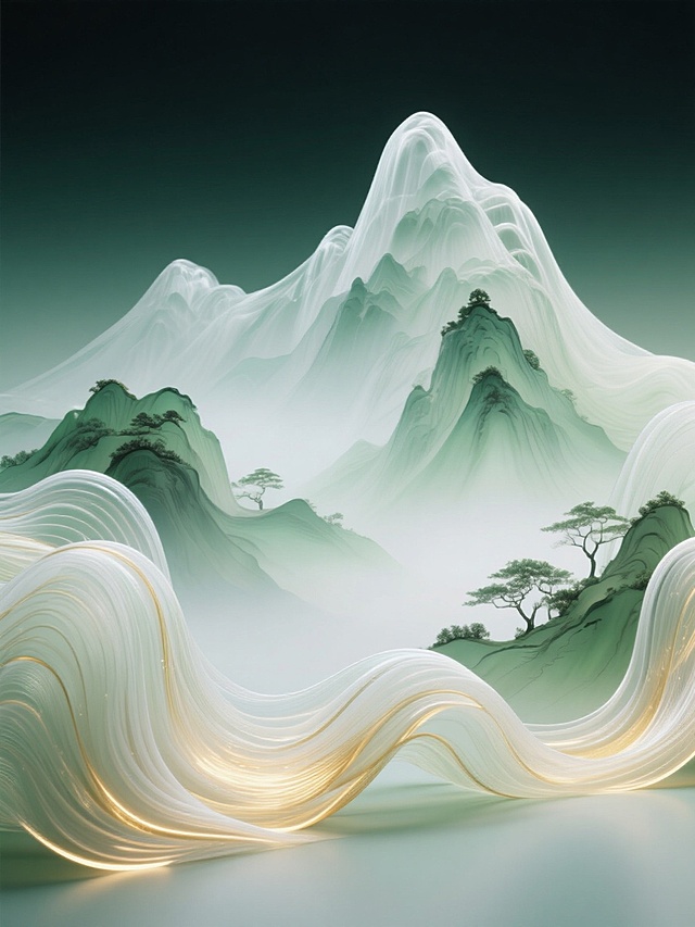 新中式，超现实主义风格，山水画，梦幻，高山仰止透明流动柔性纤维，淡淡绿白金色渐变色调，治愈配色，低饱和色，纤维发光艺术，3D设计，前卫艺术、先锋艺术、时尚摄影、概念设计、材质实验、干净背景，装置艺术，C4D渲染，大师风格，背景调色渐变，极简主义，大师作品