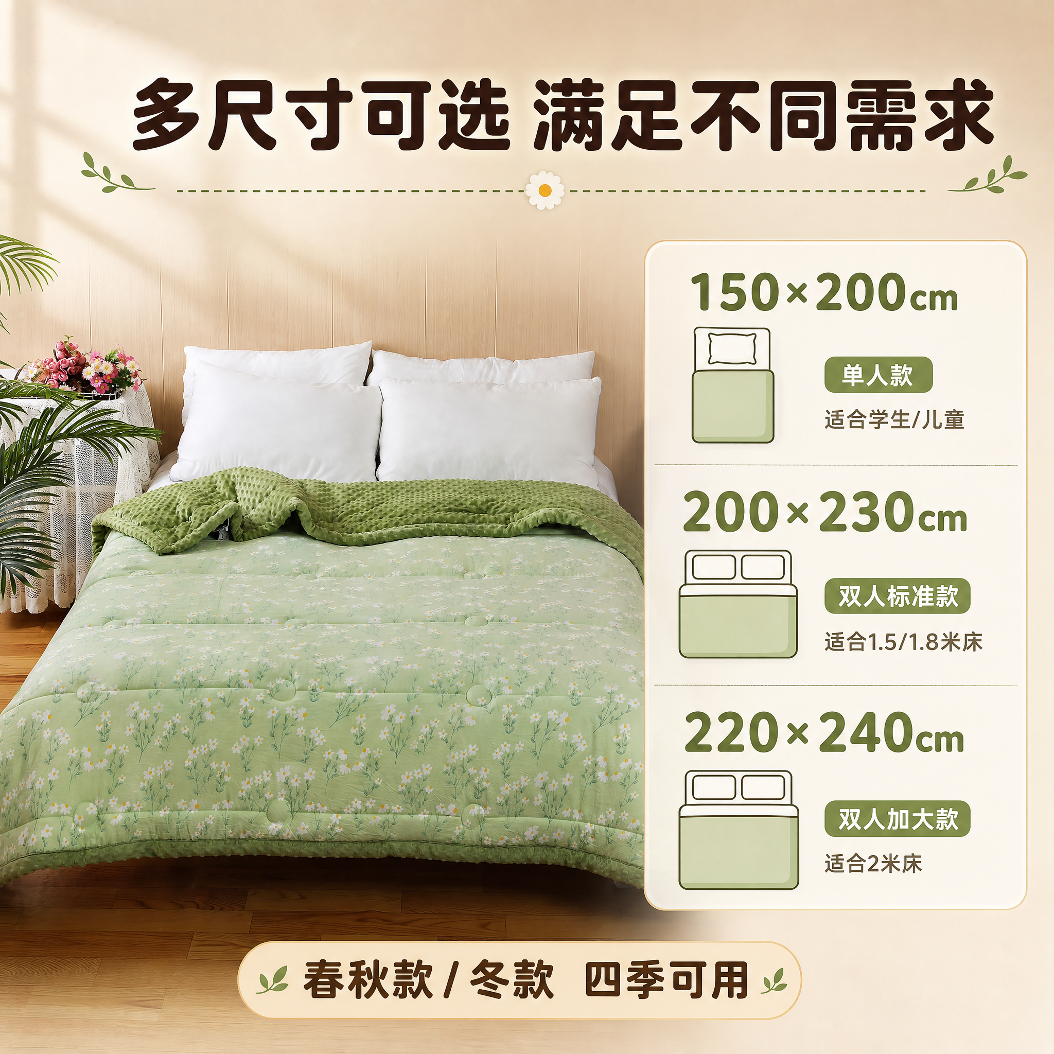 [主图-5] 绿色小雏菊豆豆被 多尺寸选购指南图 [统一基调]… - 图片创意预览