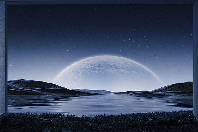 移除画面中间水面上的大石头和周围的小岩石，保留水面、远山、星空、巨大月亮和两侧建筑框架的完整画面，整体风格保持一致，水面自然过渡，画面和谐自然