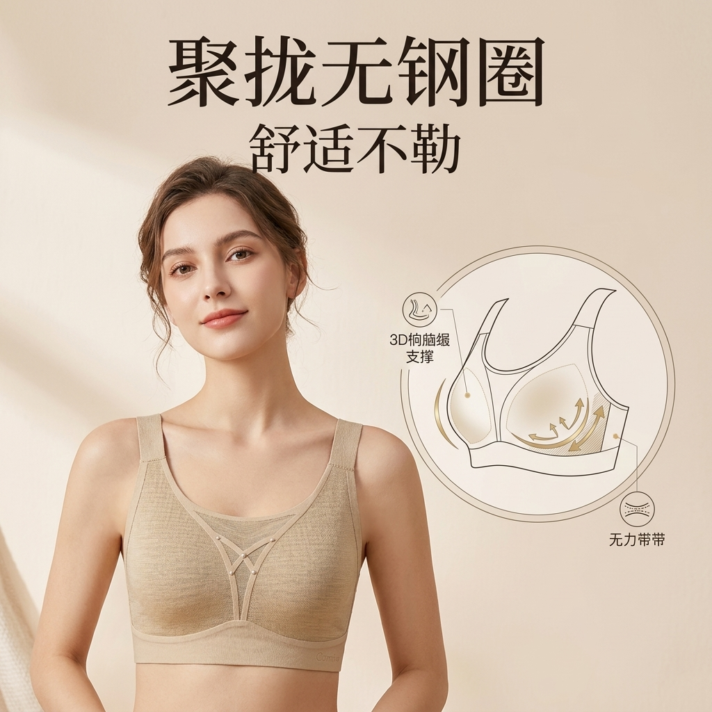 聚拢无钢圈内衣卖点展示，女模特穿着U型领浅棕色内衣，浅暖米色背… - 图片创意预览
