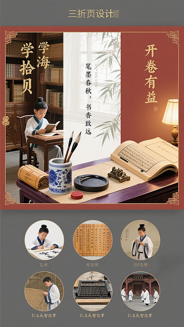 三折页设计：水墨青灰底色，搭配赭石红与宣纸白的传统书院配色，营造出沉稳儒雅、底蕴深厚的国学氛围。左侧栏顶部"学海拾贝"标题采用烫金隶书，下方是身着汉服的学童在古籍阅览室专注阅读的场景，木质书架与竹简卷轴构成背景；中间栏以"笔墨春秋，书香致远"为引，展示一套古朴的文房四宝静物——青花笔筒中插着狼毫毛笔，端砚旁散落着朱砂墨锭，泛黄的宣纸铺展于紫檀木案，砚台内墨汁映出窗外竹影；右侧栏顶部竖排篆书"开卷有益"，下方特写摊开的线装古籍与青铜镇纸，书页间露出批注的蝇头小楷，台灯暖光在泛黄纸页上形成柔和光斑。底部区域分布六个圆形小框，分别展示：临摹书法的孩童、刻有论语名句的竹简、古代科举放榜图、活字印刷过程、孔庙杏坛场景、学生行礼的传统礼仪，每个小框下方标注"仁义礼智信孝"字样。整体采用仿古籍线装边框设计，标题使用烫金工艺，内文选用方正清刻本悦宋简体与华康俪金黑搭配，行间距1.8倍，重要知识点用朱红色批注符号突出，留白处点缀淡雅兰草纹样，完美呈现传统文化教育机构的深厚底蕴与人文关怀。