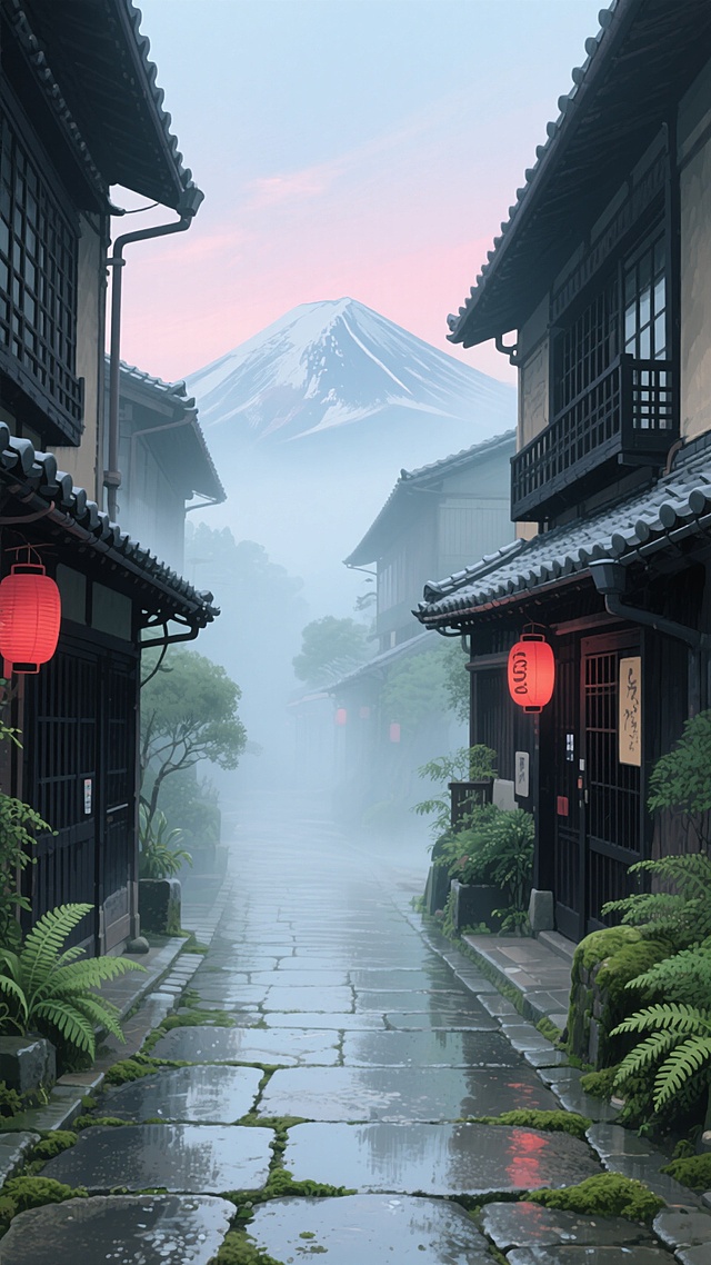 清晨薄雾笼罩的京都传统街道，两侧是古朴的町家建筑，黑色的木格窗棂，灰瓦屋顶，门前悬挂着红灯笼，石板路湿润反光，路边点缀着绿色的蕨类植物和苔藓，远处可见朦胧的富士山轮廓，天空呈现柔和的粉蓝色渐变，光线柔和带有轻微的晨雾弥散感，整体色调偏向淡雅的蓝绿色和暖灰色，画面充满宁静悠远的日式和风意境，采用细腻的笔触和柔和的色彩过渡，保留原图的动漫插画风格和光影质感。