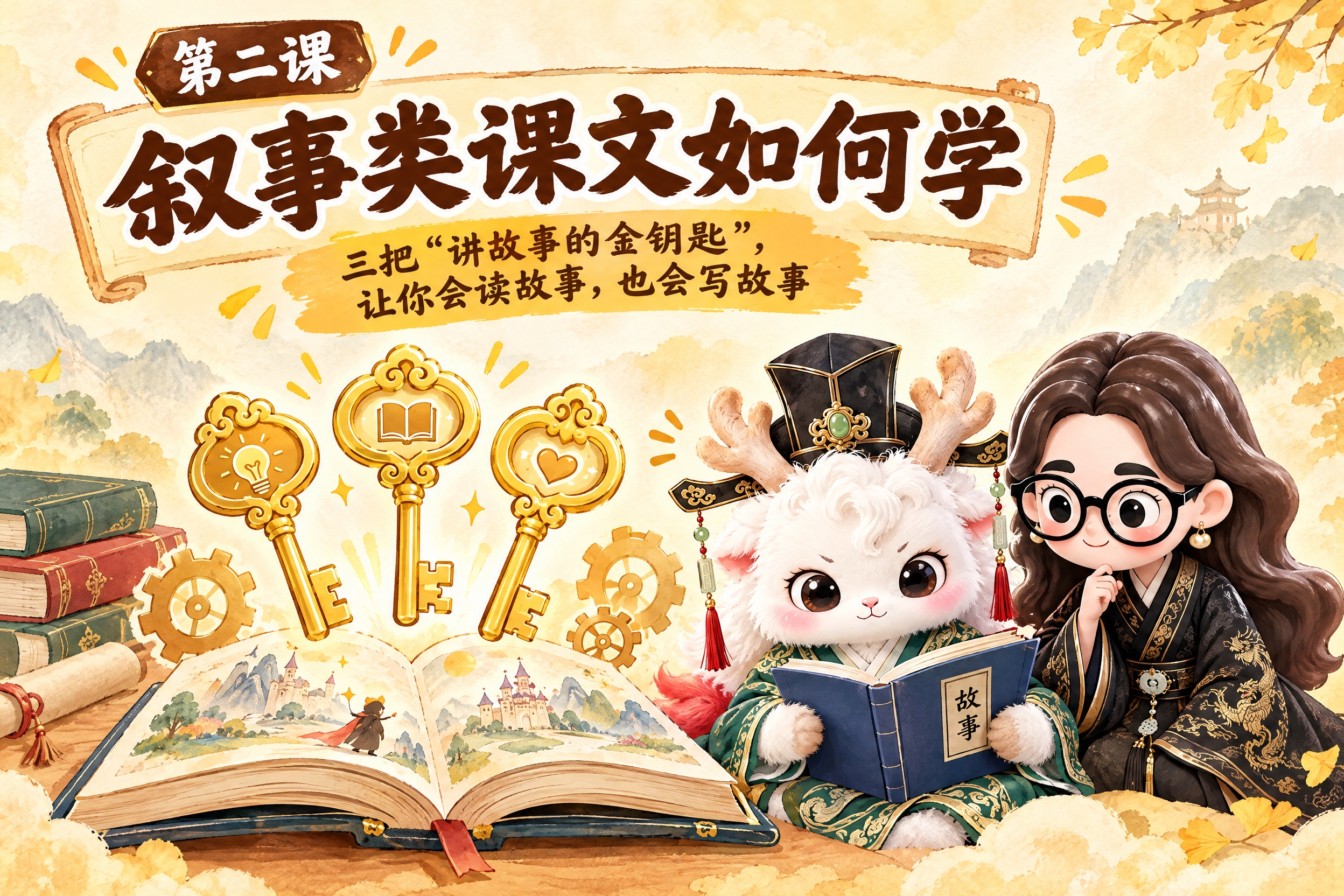 横版6寸比例的课程封面设计，大标题为"第二课 叙事类课文如何学… - 图片创意预览