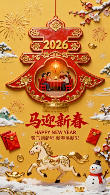 微缩艺术，马年新春海报，喜庆，融合传统新春元素与萌系Q版设计。前景为Q版奔跑姿态马形吉祥物，搭配红包、金元宝装饰；中心主体是巨大红色花灯春字造型（作为场景容器），中式纹样，春字内部嵌入微缩家庭聚餐场景预览效果