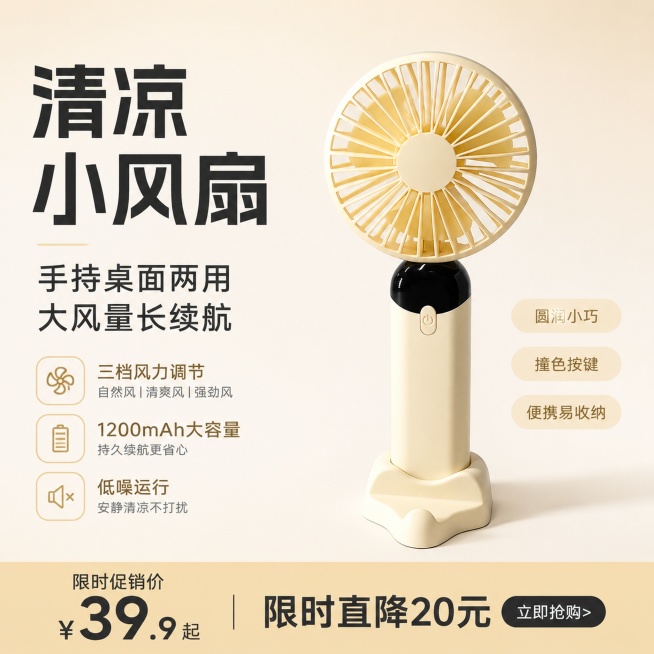 [单张主图] 商品名称清凉小风扇，爆款促销感主图，突出产品多个核心卖点，打造高转化电商辅图。保持产品外观颜色、物理结构、材质质感与输入产品图绝对一致，杜绝任何变形和色差，精细化处理风扇扇网、机身、撞色预览效果