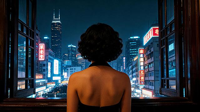 基于参考图人物，生成近景，复古窗框，香港中环夜景，中环高楼，密集招牌，人物背影，卷发，黑色吊带裙，暖黄灯光与冷色夜景对比，胶片风格，电影质感
