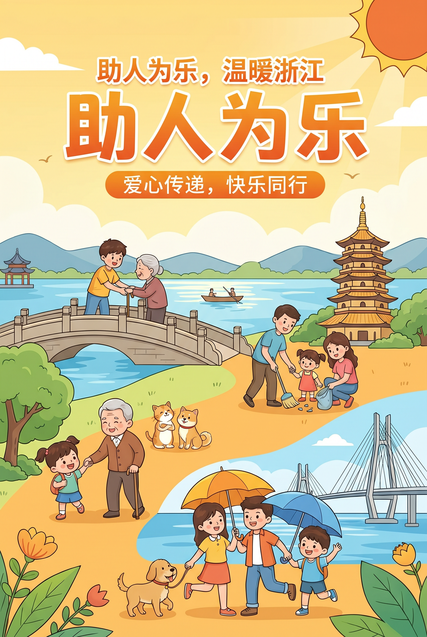 助人为乐主题卡通风格海报，画面中包含浙江省代表性建筑，整体风格… - 图片创意预览