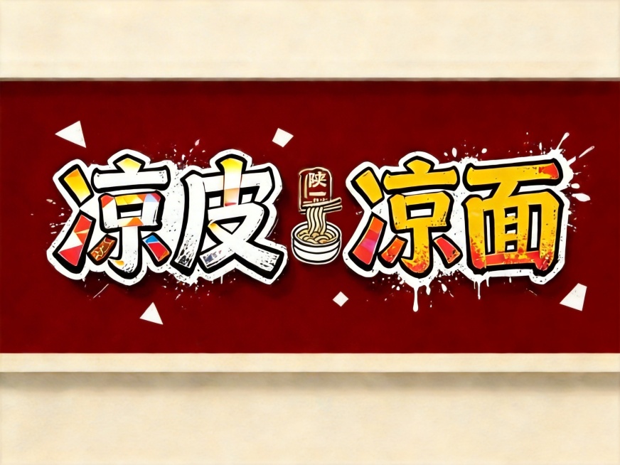 将原设计中的肉夹馍图标更换为凉皮的简笔画图案，保留街头涂鸦马克笔艺术体，小字"陕二胖"、大字"凉皮 凉面"排版不变，深红色背景、白色描边和几何泼墨装饰不变，维持年轻化门头风格预览效果