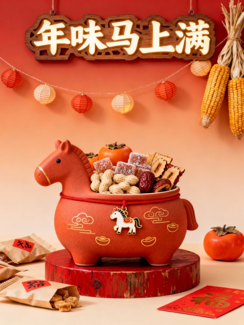 年货节主题竖版宣传图，马年暖融融囤货氛围：主体是一只磨砂陶瓷质感的胖胖小马零食罐，罐身是朱砂橘底色，手绘着金色细线勾勒的祥云与小元宝纹样，罐内装满糖霜花生、柿子味软糖、红枣脆片等应季年货，罐口用红绳系预览效果