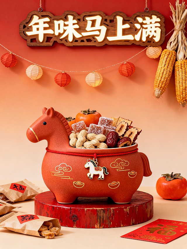 年货节主题竖版宣传图，马年暖融融囤货氛围：主体是一只磨砂陶瓷质感的胖胖小马零食罐，罐身是朱砂橘底色，手绘着金色细线勾勒的祥云与小元宝纹样，罐内装满糖霜花生、柿子味软糖、红枣脆片等应季年货，罐口用红绳系着一枚小马生肖挂坠。场景氛围：背景是暖柿红到浅橘色的柔和渐变，点缀着纸质小灯笼串、晒干的玉米穗、橙红色的柿子摆件，底部是红漆木质感展台，展台旁散落着牛皮纸包装的零食和红底金字的小福卡，营造 “家里囤满年货” 的烟火年味；文案元素：上方是木质镂空灯牌字 “年味马上满”，整体风格温暖接地气，适配传统家常年货推广。