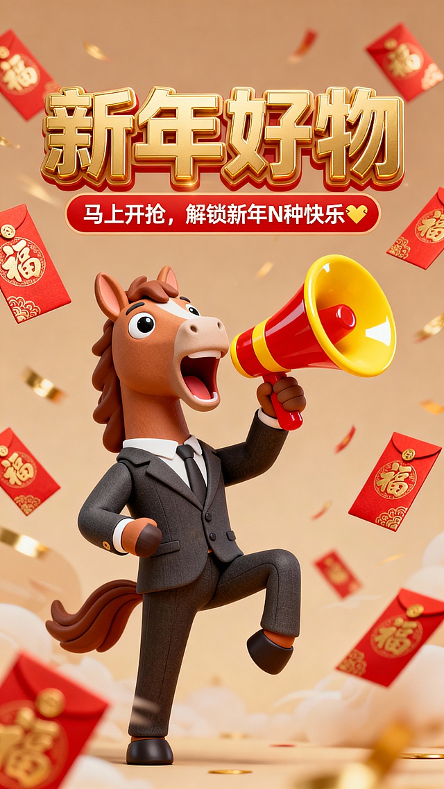 软3D风格拟人马手持喇叭，喜庆红金配色，红包与粒子飘洒，营造春节氛围，卡通感十足，传递新年好物促销信息。