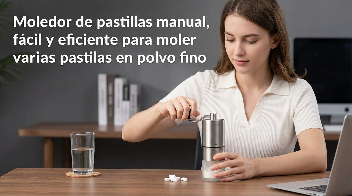以图中的手动药片研磨器为元素,欧美女人使用手动药片研磨器,可轻松高效地将多片药片研磨成细粉,设计6张跟手动药片研磨器有关的图,物体主体特征不变,西班牙语,比例 「16:9」预览效果