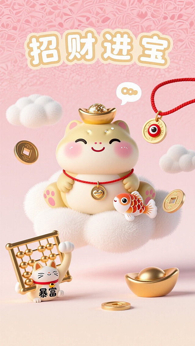 Q 版萌系发财插画壁纸，奶白 + 浅粉 + 暖金配色，整体带软乎乎的毛绒肌理（边缘有轻微模糊毛边），画面中心是圆滚滚的 Q 版金蟾（浅金色带粉腮红，眯眼笑，肚子上趴着迷你锦鲤）。金蟾头顶顶着大元宝（元宝带细闪珠光），周围漂浮云朵铜钱、爱心元宝，右侧红绳串着铜钱项链（挂着小锦鲤吊坠，锦鲤是红白相间带圆眼睛）。左下角是举着算盘的招财猫（算盘珠是金珠，旁边有小气泡写‘暴富’），背景是淡粉色渐变（带细小花纹肌理），‘招财进宝’是圆润泡泡字体（带浅金描边），画面饱满不拥挤，触感般软萌肌理明显