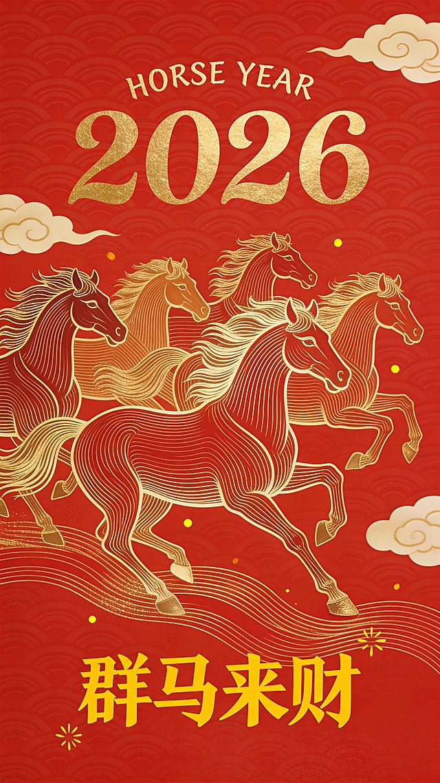 国潮风描边浮雕设计，鎏金群马奔腾于红底祥云间，喜庆中式年味浓。