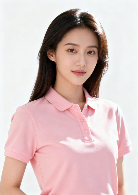 中国美女，头发披肩，半身模特，纯纯白色背景，干净白底，模特展示粉色polo衫，服装饱满有立体感，高清写实商业摄影，高调摄影，智能瑕疵修复预览效果