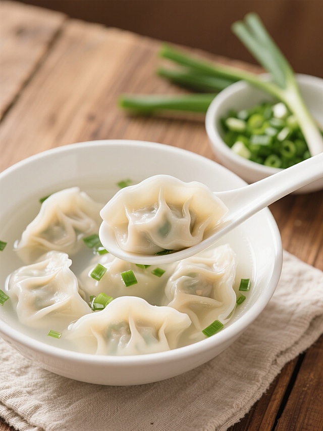 写实风格美食摄影，特写镜头聚焦白色陶瓷碗中鲜美水饺汤，清澈浅色汤底漂浮多个饱满水饺，饺子皮半透明带自然褶皱，隐约可见内里馅料，汤面撒翠绿葱花碎，一只白色瓷勺从碗中舀起一个饺子，饺子边缘微微卷起，汤汁欲滴，碗下垫浅色亚麻布，背景为木质桌面，左侧摆放一小碗切碎的新鲜葱花和几根完整绿色葱段，整体光线柔和明亮，营造温暖家常、干净清爽的氛围，色彩以白色、浅木色、绿色为主，光影自然，突出水饺的质感和食物的新鲜诱人。