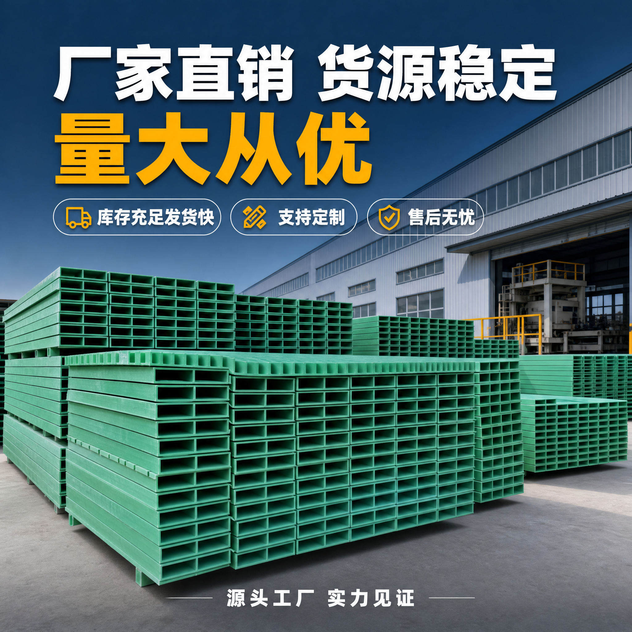 [主图-5] 厂家实力与服务图，主题为厂家直销货源稳定量大从优… - 图片创意预览