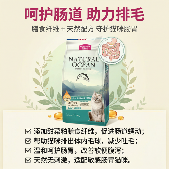 严格还原上传的产品图，包括包装设计、颜色、LOGO位置、文字内容、图案元素等所有细节，产品尺寸比例保持1:1，突出肠道呵护卖点。画面采用上下分层杂志风排版，上半部分为麦富迪三文鱼油成猫猫粮产品包装特写预览效果