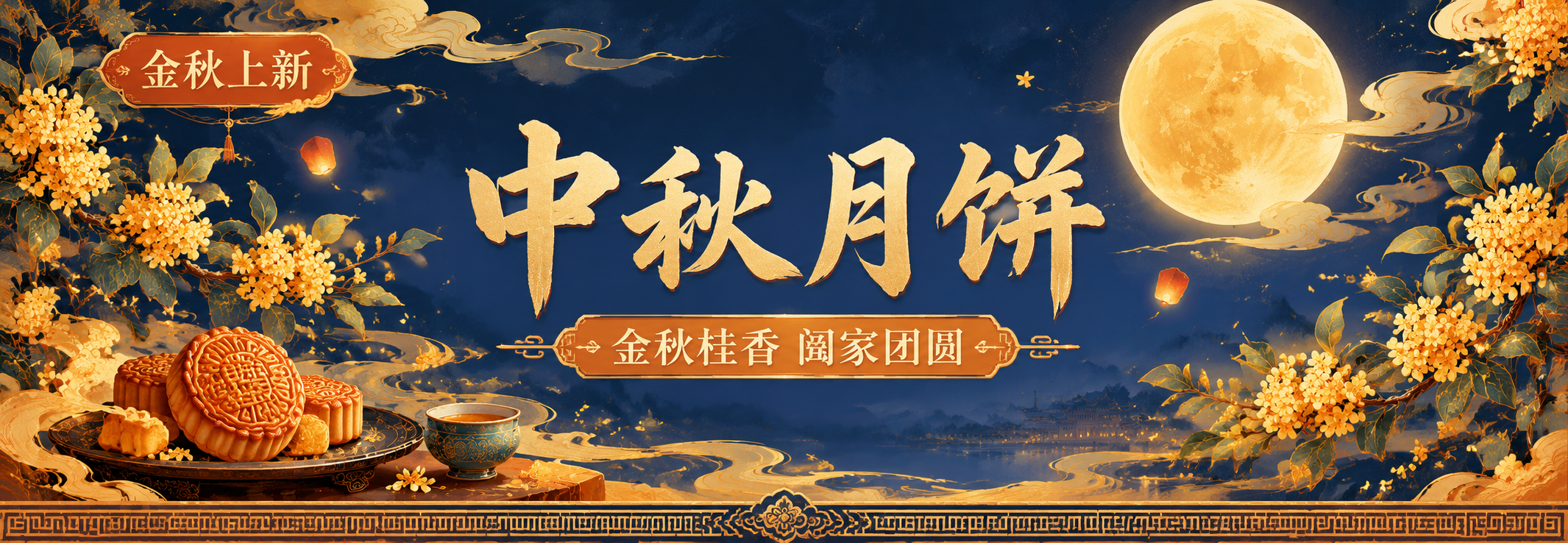 淘宝店铺招牌横幅，中秋月饼主题，国风新中式工笔风格。画面中央大… - 图片创意预览