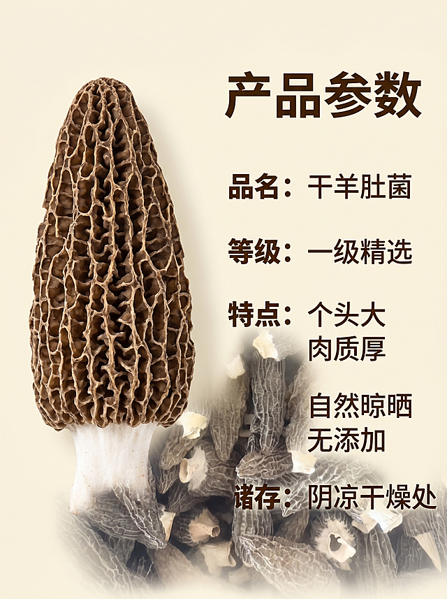 [羊肚菌详情图二-产品参数] 拼多多详情图，整体比例3:4，展示产品规格参数。氛围风格：干净简洁，信息清晰。画质：商业摄影，清晰干净。元素：左侧展示单个大个羊肚菌干品，保持外观纹理和原图一致，右侧区域排列产品参数信息，浅米色背景，整体干净清爽。光影：均匀柔和光线，信息清晰不刺眼。配色：深褐产品，浅米背景，深棕文字。构图：左右分区，3:4竖版，平衡舒适。文字版式：顶部大标题：「产品参数」，右侧参数列表：「品名：干羊肚菌」「等级：一级精选」「特点：个头大 肉质厚」「工艺：自然晾晒 无添加」「储存：阴凉干燥处」，字体大小错落，重点加粗，清晰易读。分辨率2k，文字清晰。负向提示词：变形，文字错乱，背景杂乱。