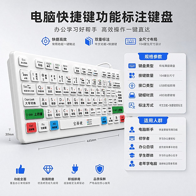 [主图-5] 电脑快捷键功能标注键盘 规格参数与适用人群图 购买决策信息 全尺寸有线键盘。
[统一基调] 专业办公科技感 冷灰色渐变背景 主标题深灰近黑色 辅助文字中灰色 强调色科技蓝 字体为无衬线粗体 字号层级分明 卡片圆角矩形 整体简洁大气 传递专业靠谱品质感。
[画面] 画面左侧放置键盘侧面斜视角 展示键盘厚度与侧面轮廓 右侧用两列信息卡片展示规格参数和适用人群 上半部分规格参数 键盘类型 有线薄膜键盘 按键数量 104键全尺寸 接口类型 USB即插即用 键帽材质 ABS耐磨键帽 标注方式 中文功能+快捷键双标注 下半部分适用人群 电脑新手 初学者 办公白领 学生群体 老年学电脑 每个信息项前有对应小图标 背景为浅灰到中灰渐变 整体信息清晰易读 帮助用户快速了解产品。
[光影质感] 商业摄影质感 键盘侧面展示厚度与边缘弧度 材质细腻 光影均匀 信息卡片平整排列 有轻微阴影 整体干净利落。
[配色] 背景浅灰渐变 键盘白色 图标科技蓝色 标题深灰色 参数文字中灰色 重点参数用蓝色高亮。
[文字版式] 顶部大标题 规格参数 一目了然 左侧产品图 右侧两列信息 规格参数在上 适用人群在下 每项信息图标+文字横排 左对齐 标题粗体 内容常规 字号层级清晰 排版整齐。
[输出要求] 1:1正方形比例 2K高清分辨率 文字清晰可读 产品清晰 无变形 无错字 无模糊 无水印 无平台Logo 禁止出现绝对化用语和虚假宣传。