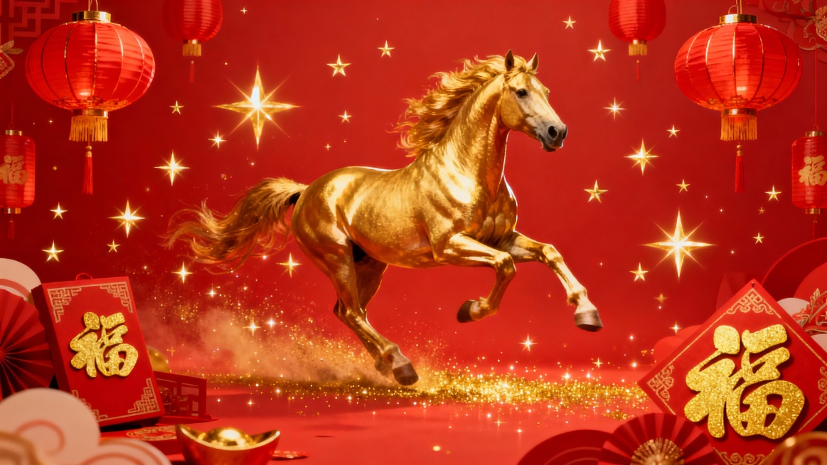 创作马年红色主题氛围的海报，带有金色星星，过年气氛预览效果