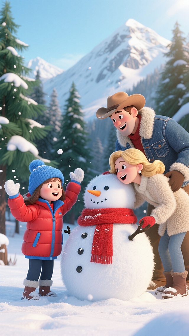 软3D风卡通家庭堆雪人，温馨趣味十足，重拟物质感与体积感结合，油画般光影渲染，冬日节日氛围浓厚。