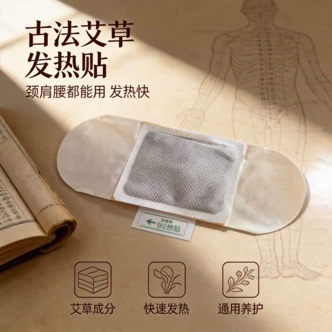 [单张主图] 艾灸发热贴商品主图，走高级氛围感暖棕复古路线，满足淘宝天猫专业品质需求。保持艾灸发热贴产品外观（物理结构、材质质感、颜色）与输入产品图绝对一致，杜绝任何变形和色差，精细化处理。产品主体放预览效果