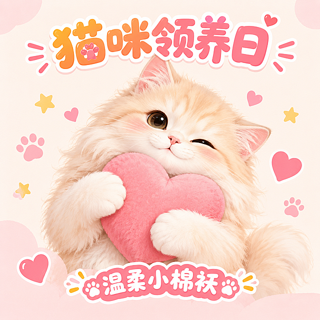系列化猫咪领养日宣传插画第2张：温暖治愈的卡通插画风格，柔和米白色与淡粉色背景，圆润可爱的奶油色长毛猫，大眼睛水汪汪，温柔眯眼微笑，抱着一个粉色爱心抱枕，软糯黏人想让人抱抱；背景点缀粉色爱心、黄色小星星和猫爪印，画面顶部有圆润卡通艺术字标题"猫咪领养日"（橙色到粉色渐变、白色描边、贴纸效果），底部中央有性格标签"温柔小棉袄"（圆润艺术字、白色描边），四周留出安全边距，正方形构图，适合社交媒体宣传图、海报和网页背景使用