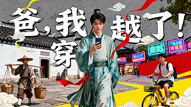 横版海报，主题是"爸，我穿越了！"，高级中式穿越古风风格，兼顾现代年轻审美，不要端午节元素，对主题字"爸，我穿越了！"做艺术变形，画面整体夸张有趣，构图饱满，设计感强