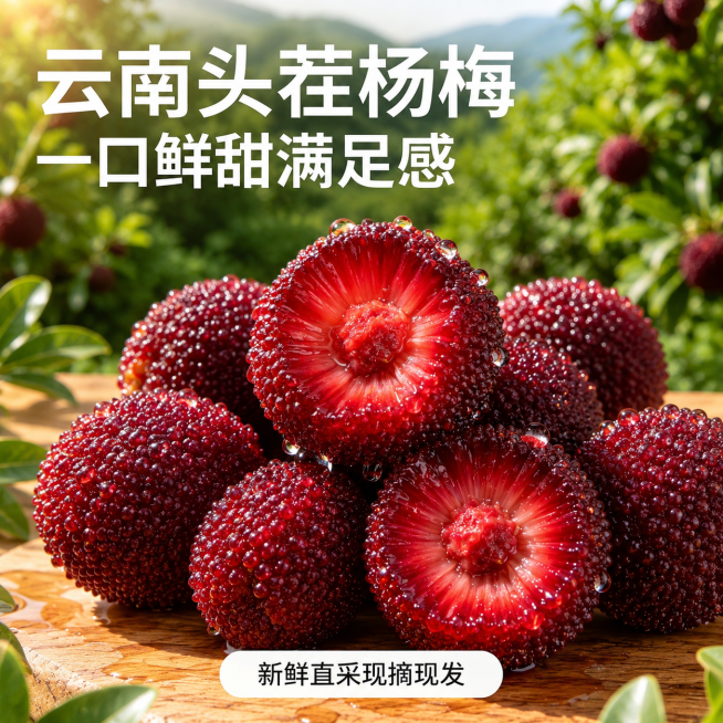 [单张主图] 云南头茬杨梅生鲜水果电商主图，爆款促销感主图，突出新鲜度和食欲感。
[参考比对] 参考图1是带文字和场景的杨梅主图，版式为顶部大标题、中心产品主体、底部文案标签的三段结构。参考图2是切开预览效果