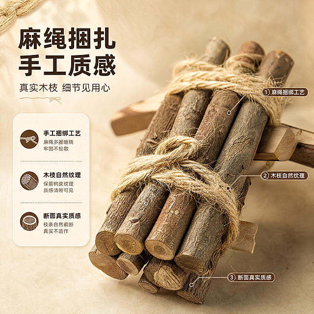 [商品] 使用【图3】小捆柴细节图；保留柴枝的天然树皮纹理、麻绳捆绑方式、柴枝断面形态、棕褐与灰褐相间的颜色；增强麻绳纤维质感与木材纹理清晰度，不改变柴捆结构与捆绑形态。
[画面] 页面目标为细节质感展示，突出手工捆绑工艺与木质肌理；特写构图，柴捆主体占画面70%，斜向摆放增加动感；前景为柴捆前端麻绳结特写，中景为柴枝主体，背景虚化暖米色；左侧留白放文字信息。
[视觉] 套系策略：风格=暖调文艺手工文创商业摄影；标题字=阿里巴巴普惠体粗体；正文字=阿里巴巴普惠体常规体；主色=暖木黄+米杏色；背景延展=基于暖木黄与米杏色做深浅层级、同色渐变和细腻纸张/木纹质感；强调色=深棕褐色，仅用于小面积图标、引线和标签；标题色=深棕褐；正文色=暖灰褐；组件=圆角浅底信息卡、细线引线、麻绳质感装饰线；光影=左前侧暖柔光，侧光突出纹理立体感。
[文字] 左上主标题「麻绳捆扎 手工质感」，副标题「真实木枝 细节见用心」，右侧用引线标注3处细节：①麻绳捆绑工艺 ②木枝自然纹理 ③断面真实质感；文字与引线不遮挡柴捆主体。
[规格] 图片比例1:1方形，4K分辨率，负向提示：避免变形、错字、文字过小、冷蓝/冷灰背景、商品颜色改变、结构失真、极限词、环保/天然/原生态用词、小标致图案、淘宝平台违禁词。