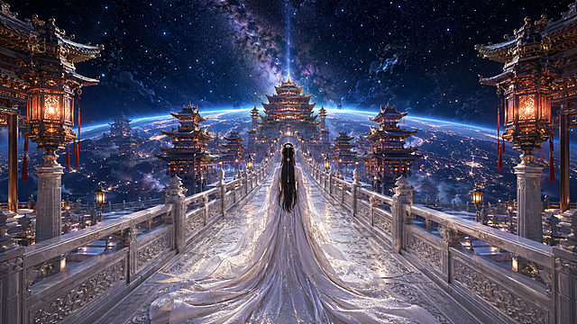 核心主题：宇宙天宫长桥秘境，星穹之上的东方仙宫，史诗级中式仙侠美学场景，极繁主义细节，极致对称空间延伸感，兼具恢弘仙气与空灵孤寂感。场景设定：视角为对称纵深构图，以长桥女子与宫殿群为引导线，强化从近景桥廊到远景主殿的多层级空间延伸感，打造桥中望星河的史诗透视效果；近景白玉桥廊上，身着素白拖尾古装的女子缓步前行，长发垂落，衣袂如瀑铺展，目光望向桥廊尽头，衣料布满暗纹，在微光下泛着柔光，极具视觉冲击力；中景两侧巨型中式宫殿群沿桥廊对称延伸，飞檐翘角，雕梁画栋，廊下红灯笼微光摇曳，层层叠叠建筑鳞次栉比，尽显天宫盛景，桥廊栏杆雕工繁复，指引视线向远方延伸；背景为深邃宇宙天际，地球夜景悬于桥廊两侧，城市灯火与云层纹理清晰可见，璀璨银河与繁星点缀夜空，天光从地球边缘透出，通过对称构图、建筑延伸、光影明暗对比，极致放大场景的宇宙级恢弘感与空灵氛围。细节与光影：建筑细节包含宫殿群飞檐斗拱、雕花梁枋、桥廊石质纹理、栏杆雕刻细节、灯笼造型与微光、衣料暗纹图案，细节可放大赏析；环境细节包含地球夜景城市灯火与云层、银河璀璨纹理、星空深邃质感、古装女子衣袂褶皱与发丝动态，微观层次饱满；采用近实远虚、冷暖交织的光影逻辑，近景桥廊与人物在柔光下细节清晰，中景宫殿群泛着暖调微光，远景地球与星空泛着幽冷光晕，通过明暗对比与虚实渐变强化仙侠感，整体光影层次丰富，氛围感拉满；质感包含建筑石材质感、桥廊温润石材质感、衣料轻盈飘逸感与暗纹光泽，8K超写实渲染，极致细节质感。风格与画质：中式仙侠美学，宇宙史诗，极繁主义构图，秩序井然的元素堆叠，通过对称空间延伸感与光影打造极致恢弘空灵感；UE5渲染，8K超清，电影级调色，景深效果，HDR，禁止西方建筑元素、现代科技、畸形扭曲、模糊纹理、杂乱色彩、过曝/死黑区域，禁止人物出现畸形肢体，禁止破坏空间纵深感的平面化构图